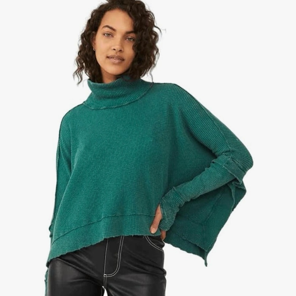 Free People Teal Green Ribbed Turtleneck Sweater